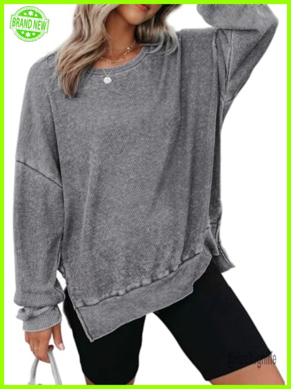 Waffle Knit Crewneck Sweatshirt Oversized Pullover Side Slits Long Sleeve